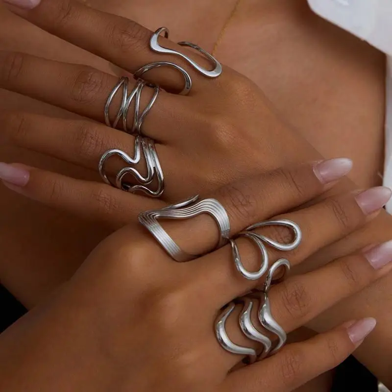 Anillos de acero inoxidable de Color plateado para mujer, anillos abiertos de cadena Irregular de Metal geométrico Punk, accesorios de joyería simples de hip hop