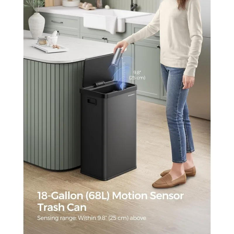 2025 Motion Sensor Trash Can,  Soft Close, Stainless Steel, 15 Trash Bags Included, Ink Black ULTB630B68