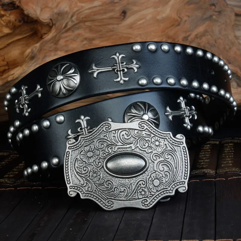 Retro Heavy Metal Rivets Men's Belt Harley Locomotive Rock Punk Style Personality Belt Extra Thick Genuine Leather Jeans Belt