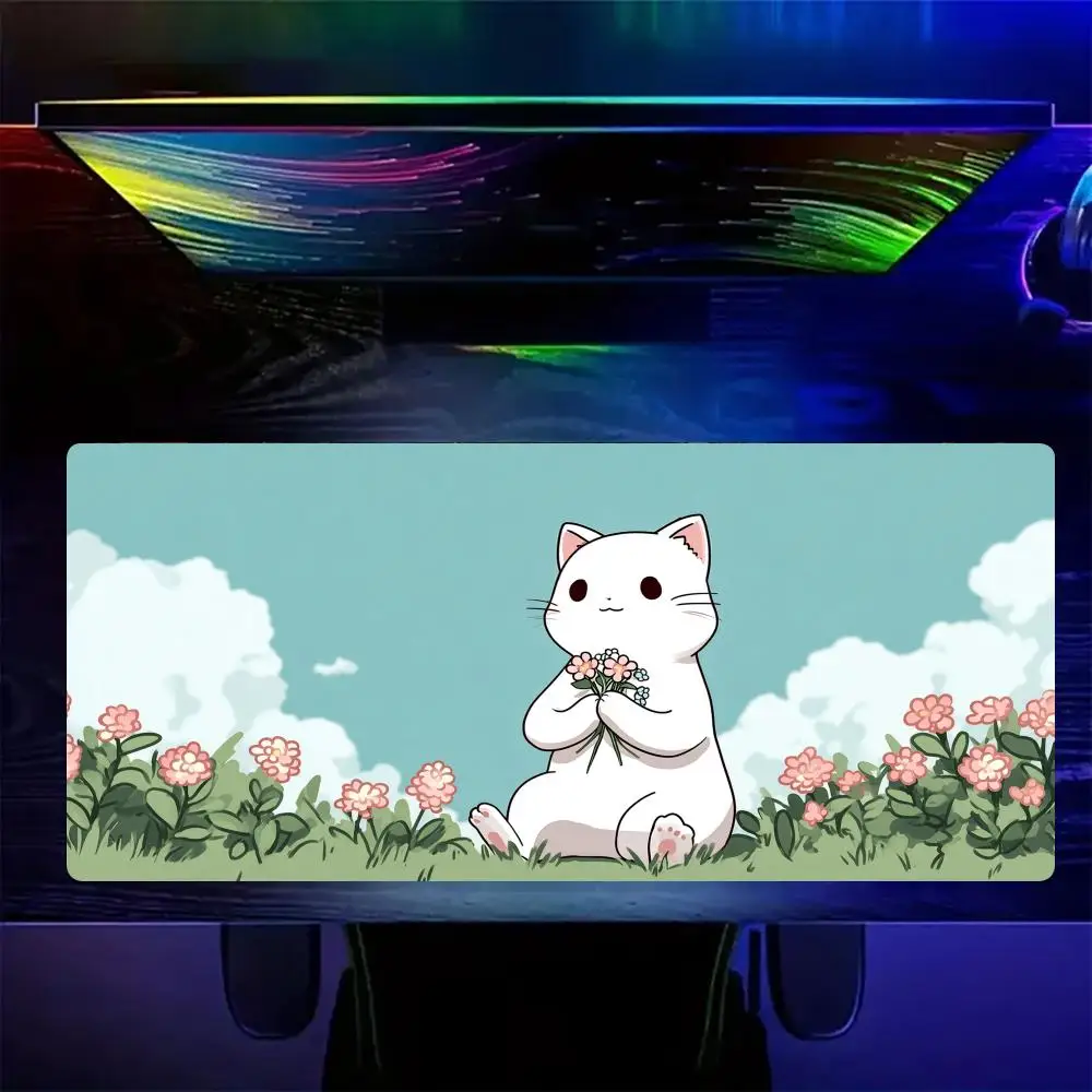 

Коврики для мыши в стиле аниме: Нежный белый кот, игровой коврик, нескользящий настольный коврик, коврик для мыши с прошитыми краями, HD-печать, офисный коврик
