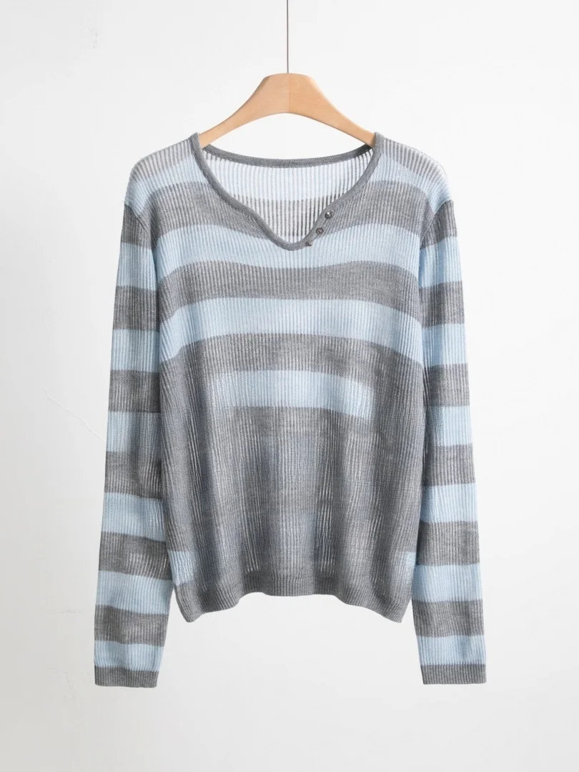 

Women's Loose Fit Long Sve Knitted Sweater V-Ne Hollow out Soft Wool Blend Thin Sle Autumn Faion Korean Sle