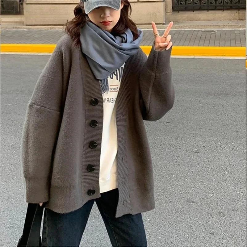 الصلبة سترة المرأة واحدة الصدر الخامس الرقبة بسيطة فضفاضة حجم كبير كل مباراة تريكو كم طويل موضة OL البلوزات غير رسمية