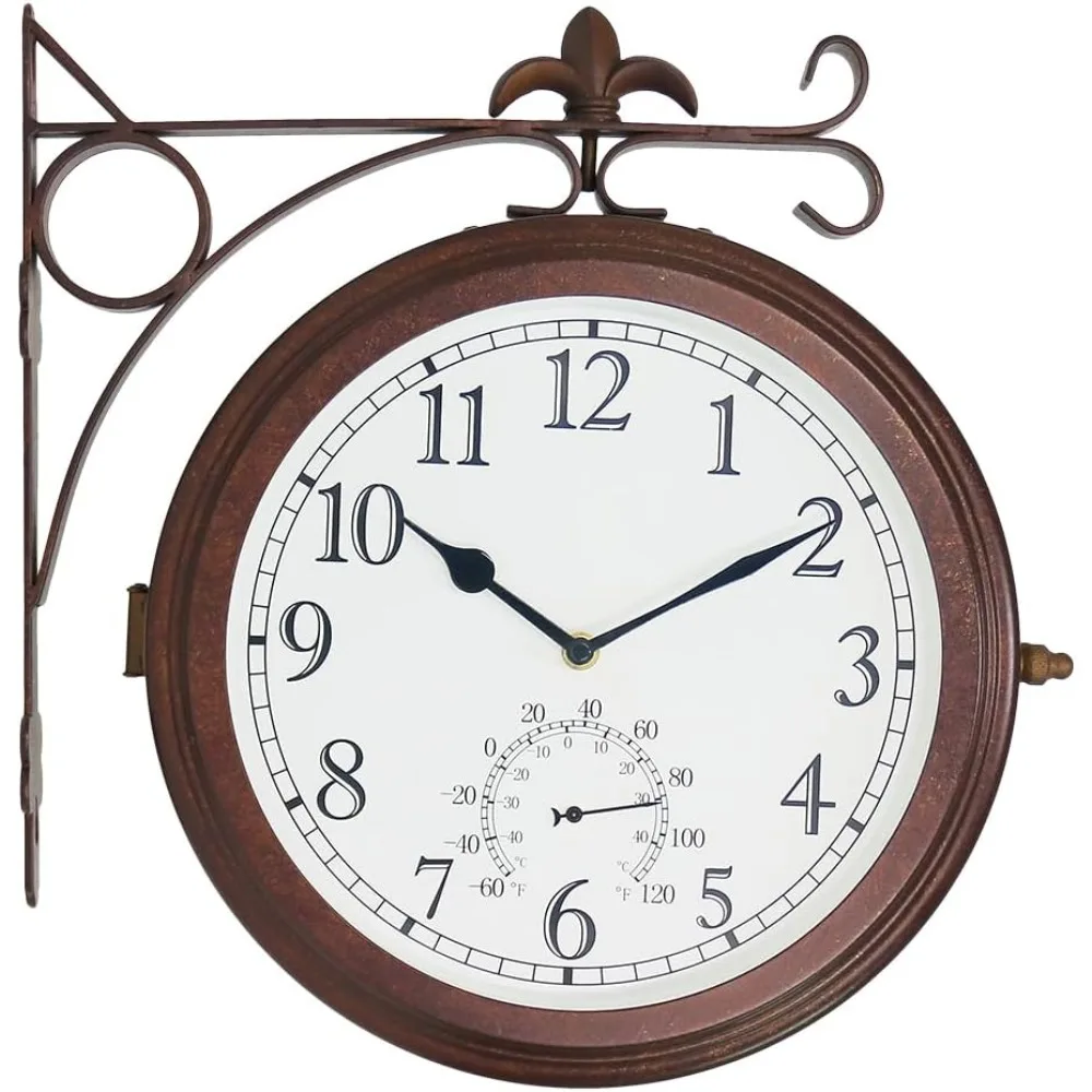 

Double Sided Metal Wall Clock: 10-Inch,Thermometer, Quiet,Easy Read,Retro Station,Antique Hanging Clocks for Garden,Home Decor