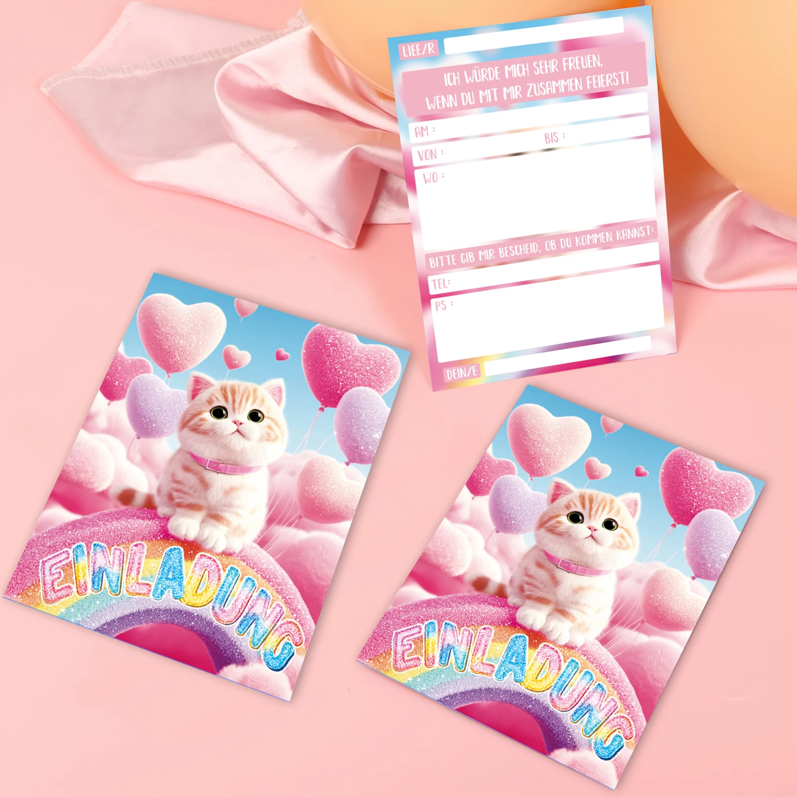 12 قطعة من بطاقة دعوة لطيفة على شكل قطة قوس قزح - بالونة ملونة على شكل قلب وتصميم قوس قزح - مناسبة لحفلات أعياد الميلاد #4