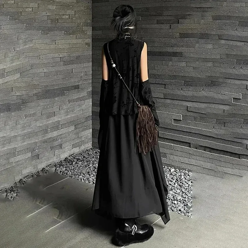 

Готические темные нерегулярные широкие брюки-кюлоты с каллиграфическим принтом, осенняя уличная одежда, универсальные трендовые штаны хакама, самурайские брюки унисекс