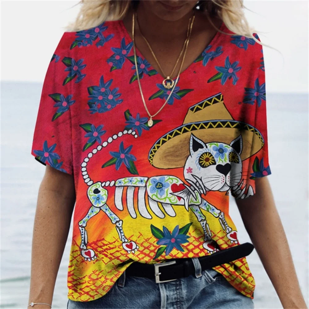 

Women's T-shirt Kawaii Cat Print 3D T Shirt Top Girls Y2k Clothing Summer Short Sleeve Tees V-neck Casual Holiday Female T-shirt