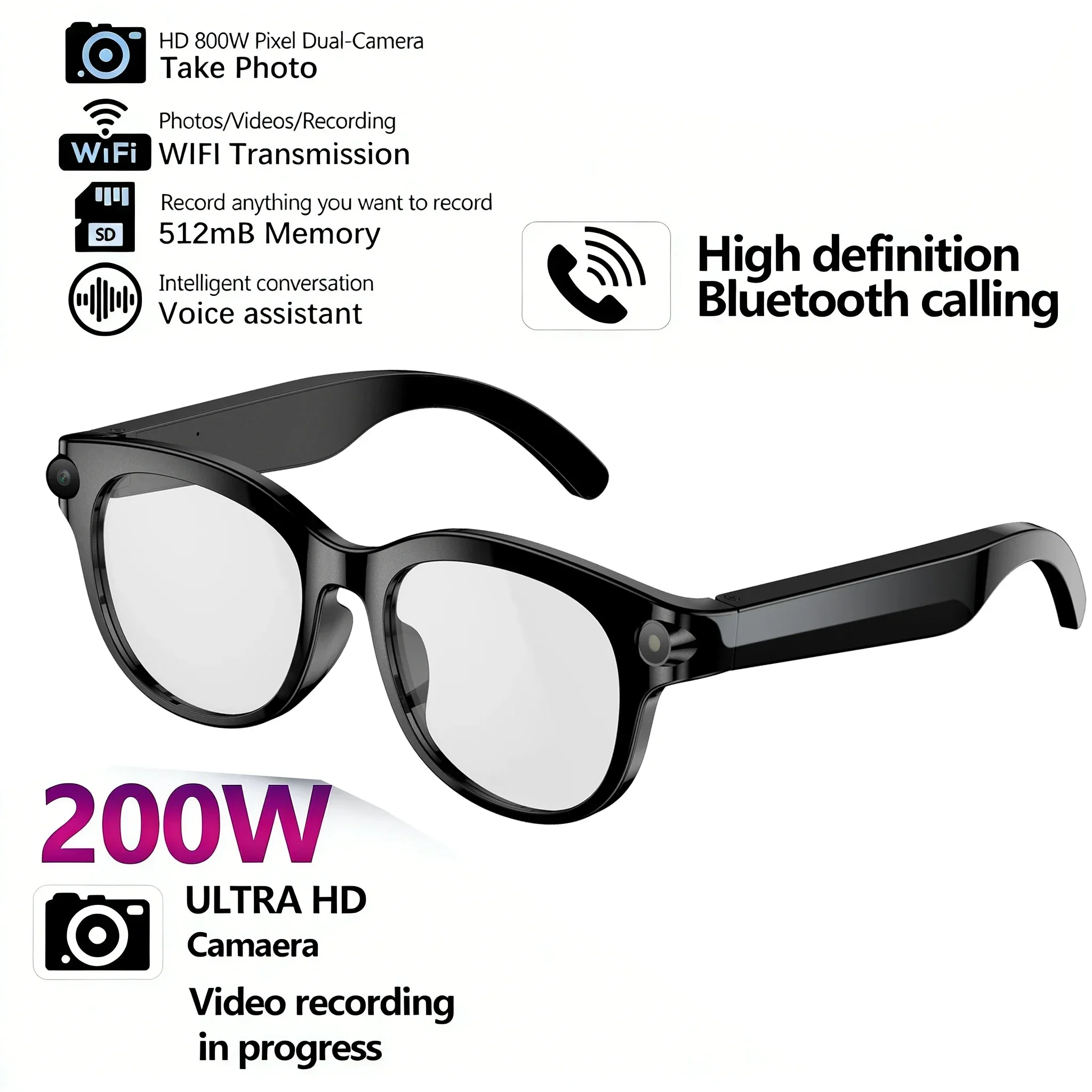 

2026 AI Smart Glasses for Men Women 200W HD Camera 1080P Video AI Voice Assistant Translation Music Playback LED Flashlight