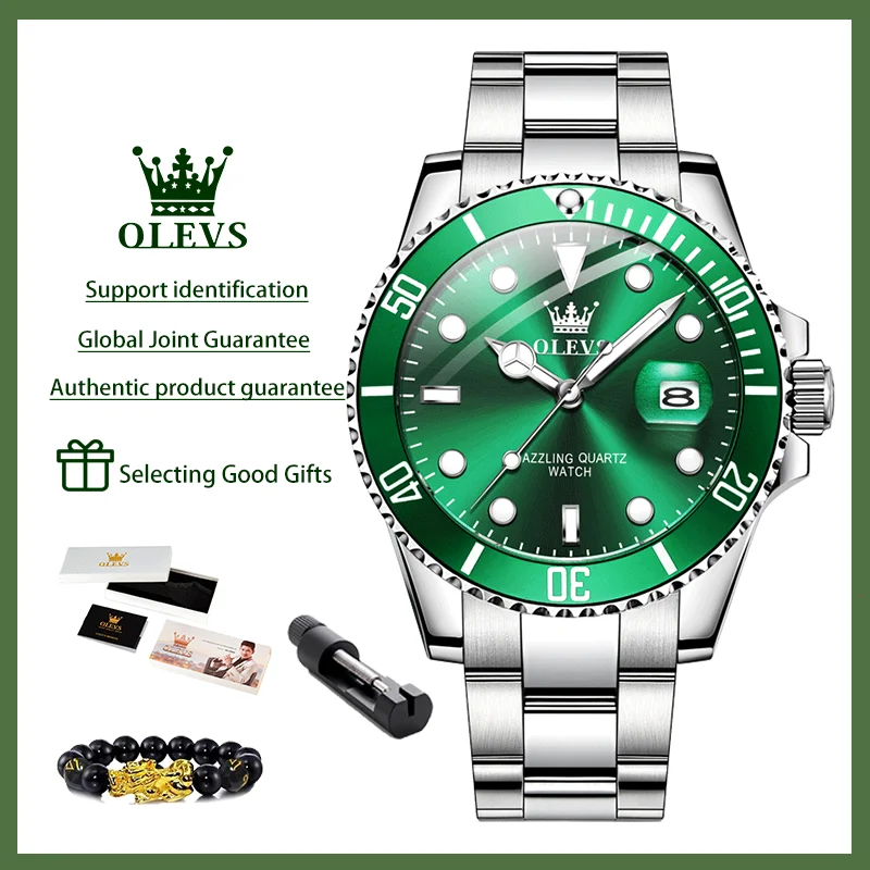 OLEVS Men's Watches Business Stainless Steel Strap Green Quartz Watch Waterproof Calendar Luminous High Quality Male Wristwatch