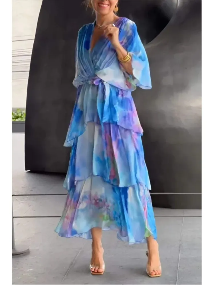 Feminino elegante chiffon impressão em camadas vestidos de festa irregulares 2025 verão moda profundo decote em v meia manga rendas vestido longo