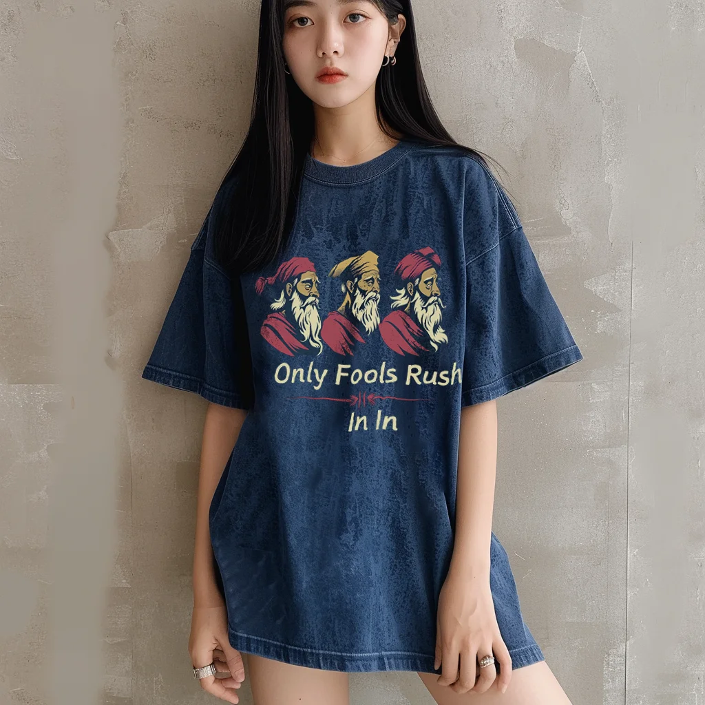 Only Fools Rush In Love Romantic, Hiphop Y2K Washed T-shirt,  Oversized Streetwear Vintage Washed Surf T-Shirts For Women Men