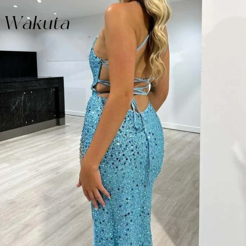 Wakuta Sparkly Sequin Prom Robe for Women Long with Slit V Neck Open Back Sheath Evening Formal Christmas Party Dresses שמלה ערב