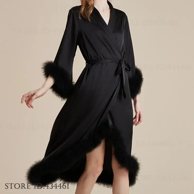 

Luxury Feather Long Robe Fashion Women's Home Clothing Nightgown Half Sleeve Kimono Bathrobe Gown Loose Satin Sleepwear Negligee