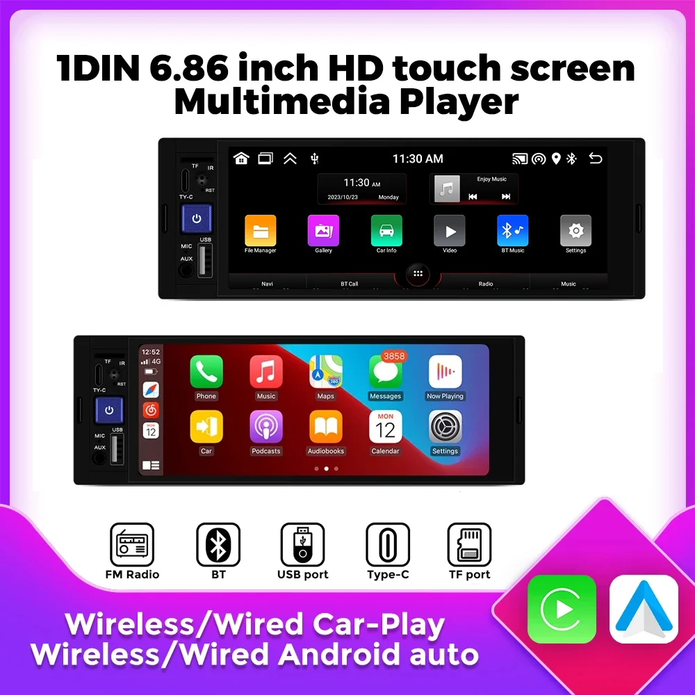 

Android Smart System Car Radio 6.86 inch Touch Screen Universal Player Wireless CarPlay Android Auto Radio Stereo AUX BT TYPE-C