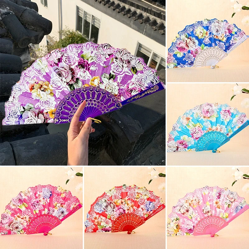 Bronzing Rose Printed Women's Folding Fan Spanish Plastic Bone Hand Fan Chinese Dance Fan Wedding Party Cosplay Home Decor Craft