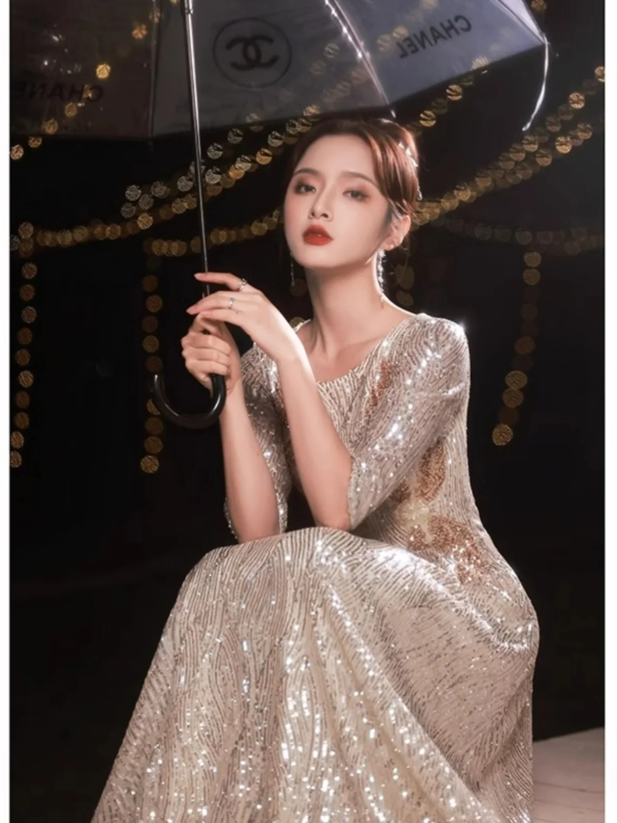 

Вечернее платье цвета шампанского, женское элитное длинное платье Ele Host со сверкающими пайетками, бальное платье со средней талией Prince Sle