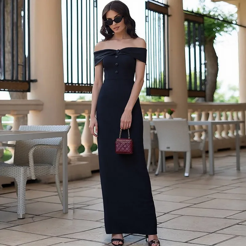 

Talenza Black Off-the-Shoulder Dress Women's Elegant Backless Slit Patchwork Dress Luxurious Fashion Female Party Evening Dress