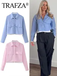 TRAFZA 2024 New Woman Patchwork Blouse Elegant Solid Sweet Laple Single Breasted Long Sleeves Shirt Wild Female Chic Short Top