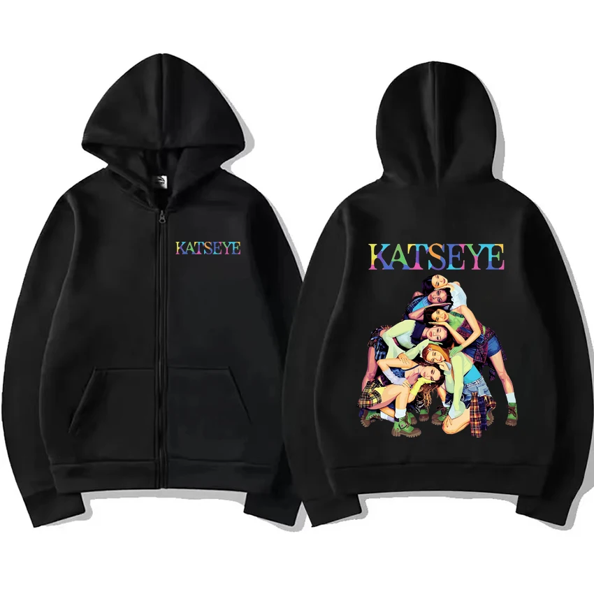 معطف بغطاء للرأس بسحاب من Kpop Katseye للرجال والنساء، سترة كلاسيكية رائعة غير رسمية كبيرة الحجم للجنسين من الصوف بسحاب