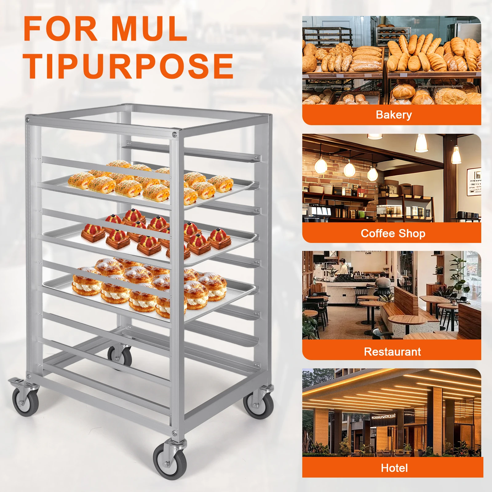 

9 Tier 3 Inch Spacing Aluminium Heavy Duty Plate Casters with Brake Wheels Rolling Bakers Rack for Restaurant Cafeteria Pizzeria