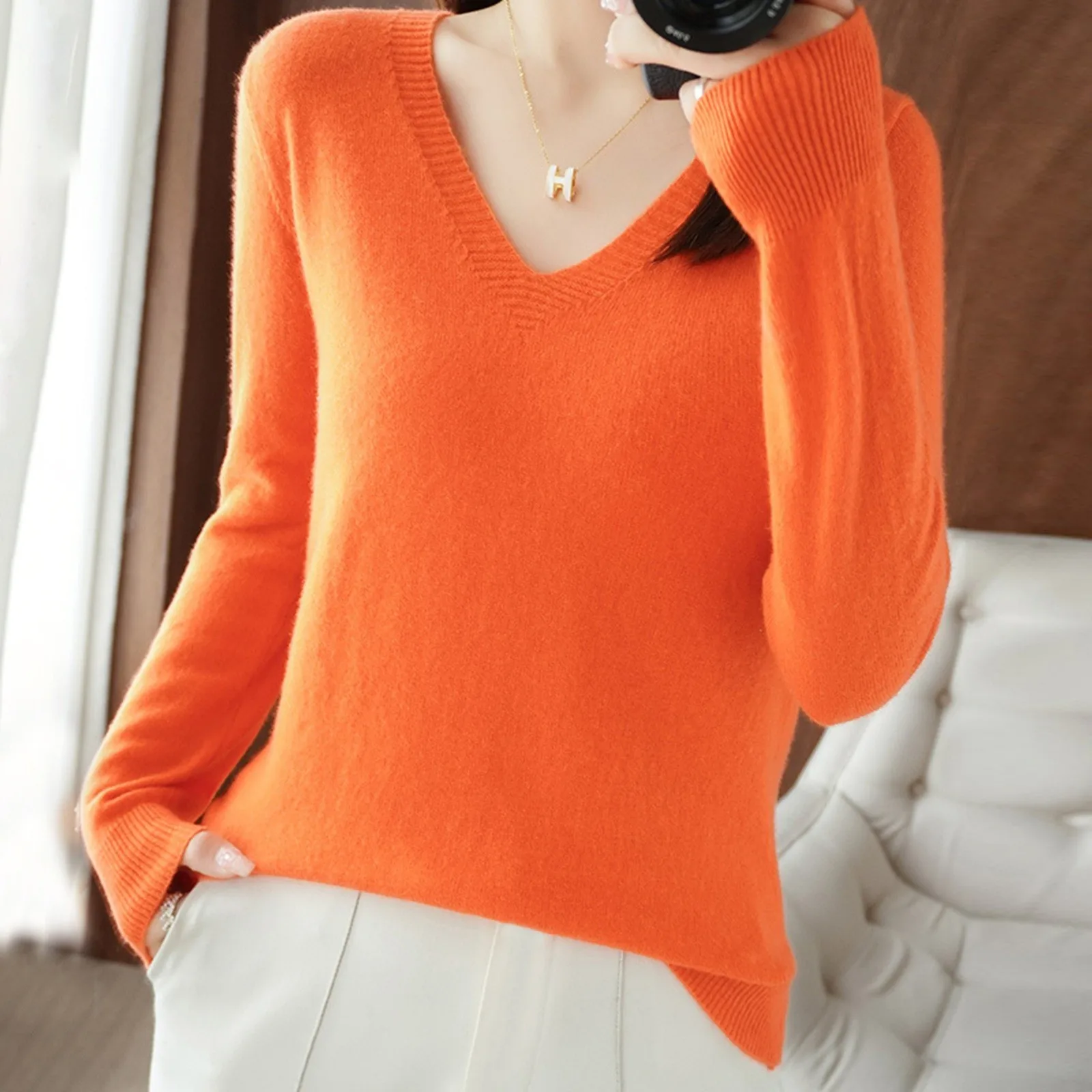 Women'S Solid Color Pullover Sweater V-Neck Long Sleeve Fashion Knit Sweater Women'S Autumn Winter Comfortable Warm Base Shirt