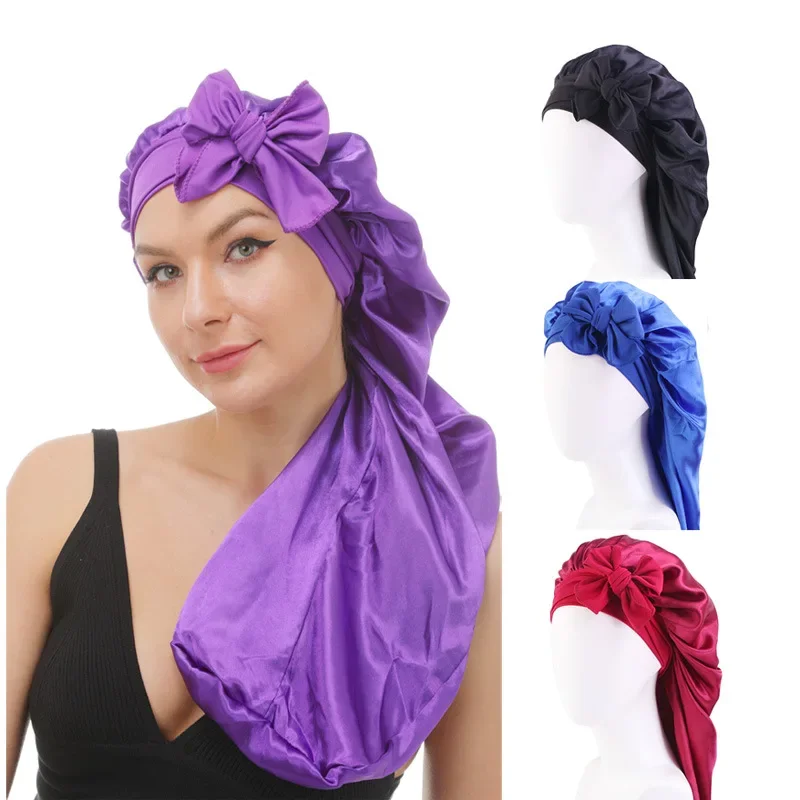 Elastic Streamer Long Tube Satin Nightcap Knotted Shower Cap Hair Care Beauty Cap Wig Cap