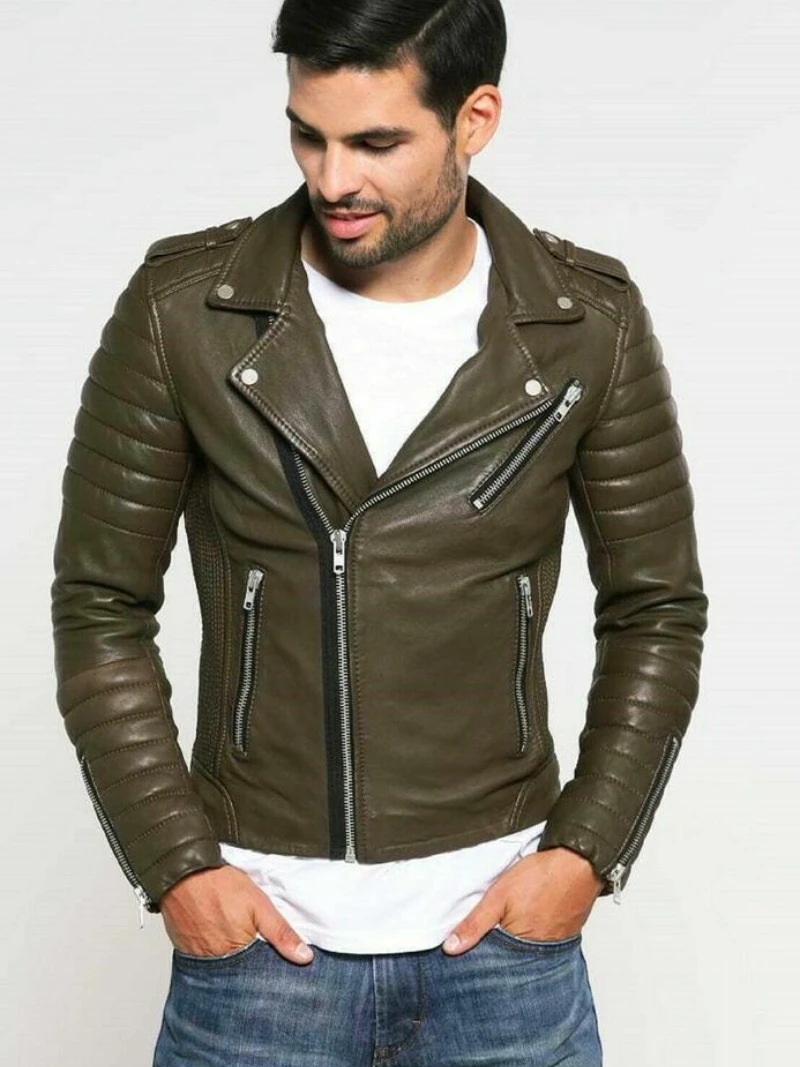 Men Genuine Lambskin Jacket Olive Green Leather 100% New Slim Biker Coat Genuine Leather Men