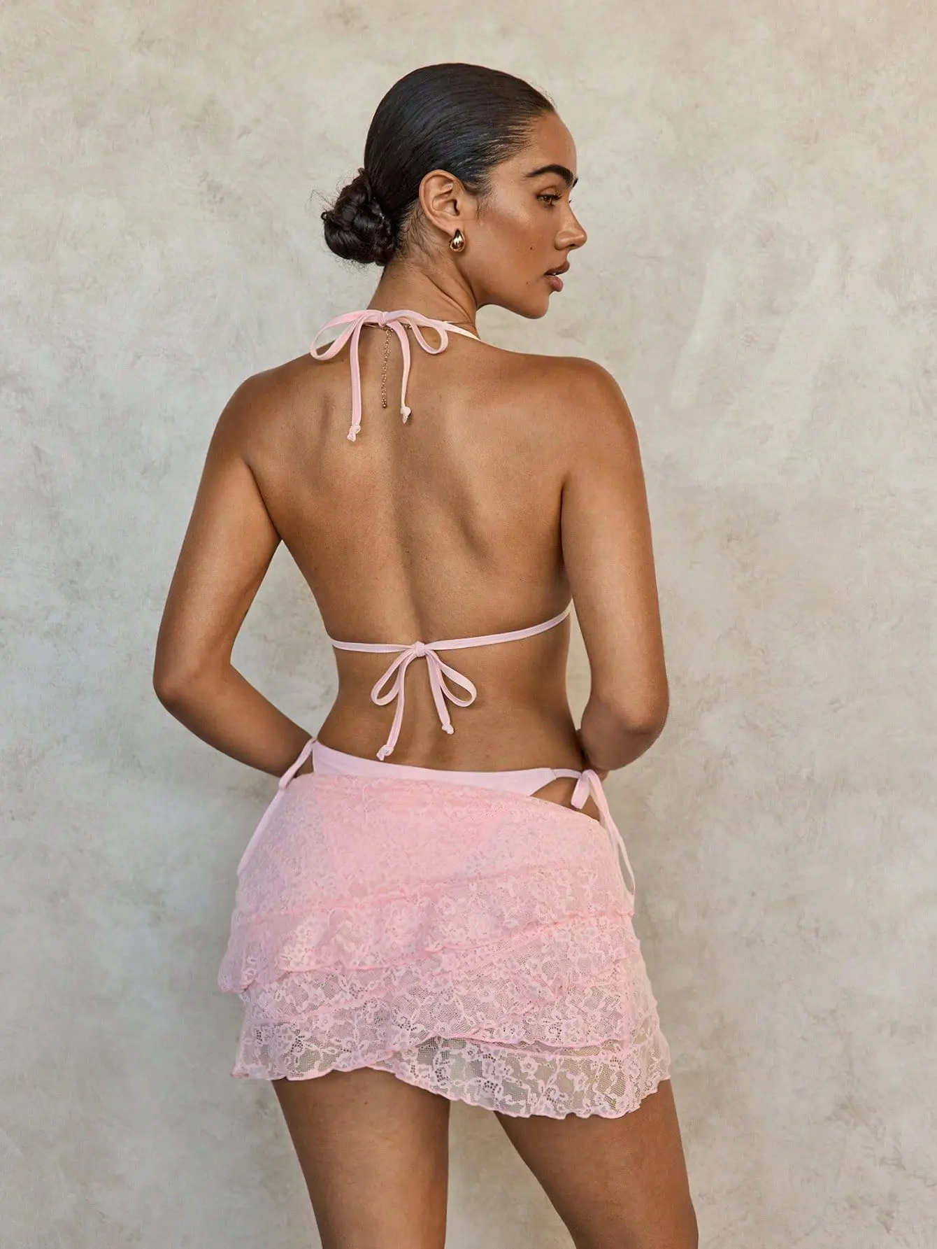 2026 Women's 3 Piece Bikini Set Lace Trim Cover Up Dress & Tie-Front Swimsuit Sexy Beach Summer Solid Pink Bikini Suits Skirt