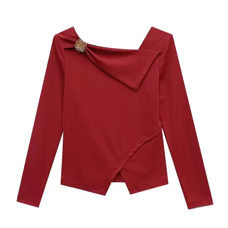 

High Quality Women T-shirt Clothes Sexy Square Neck Ruffled Slim Tees New Fashion Long Sleeve Casual Cotton Irregular Top Shirt