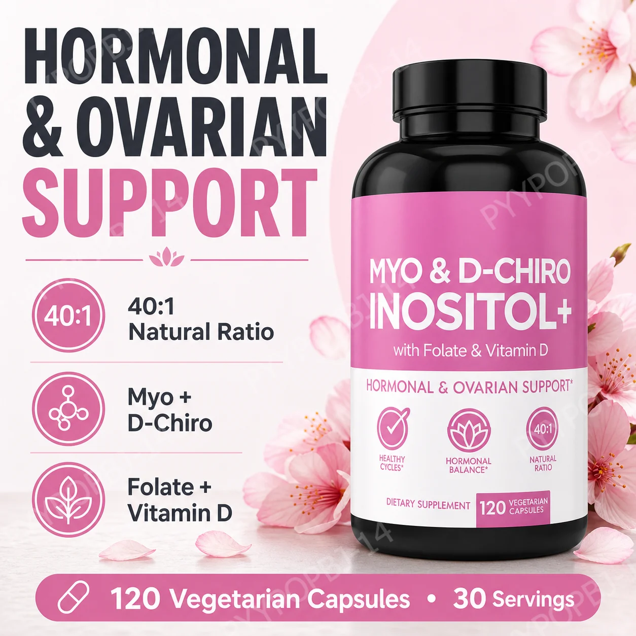 Myo&D-Chiro Inositol 40:1 with Folate Vitamin D3 120 Capsules 30 Servings Non-GMO Gluten Free Women’s Daily Wellness Supplement
