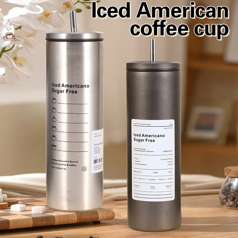 600ml Mug Coffee Cup With Lid Espresso Cups Aesthetic Cold Stainless Steel Pretty Coffeeware Drinkware Drink Items Straw Bar