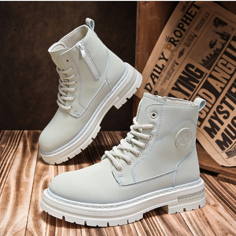 

Autumn and Winter Beige Leather Boots High-top Men's Lace-up Flat Heel Round Toe Durable and High-quality Outdoor Work Boots