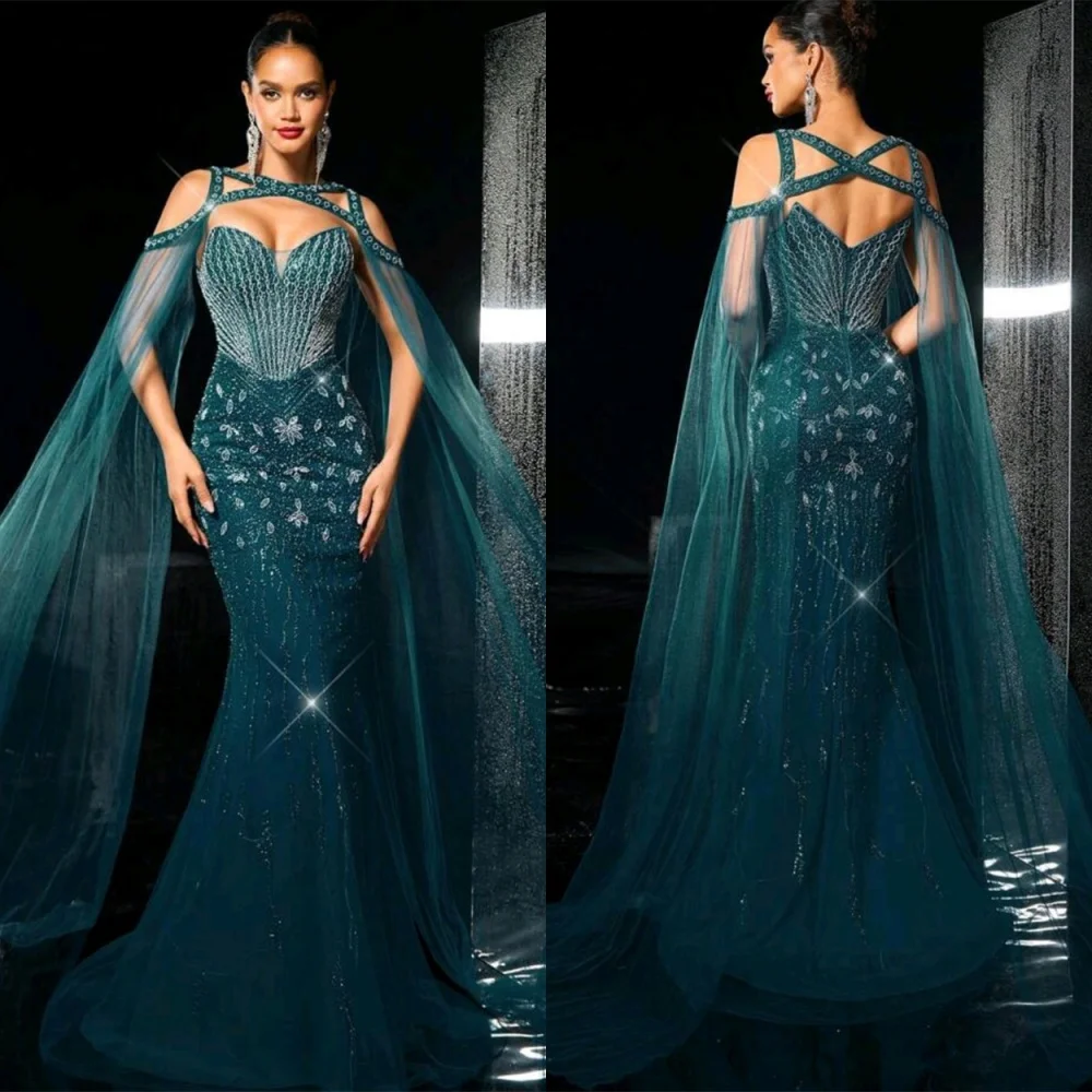 

Customized Exquisite Green Tulle Celebrity Gowns Delicate Sweetheart Detachable Sleeve Mermaid Lace Up Back Vestido De Noche