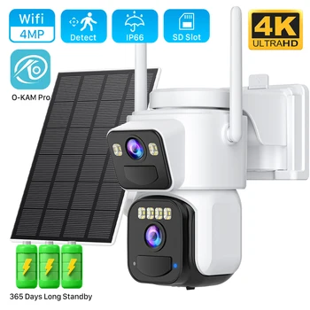 Caméras de sécurité WIFI solaires à double objectif 8MP avec panneaux solaires Vision nocturne couleur détection de mouvement PIR caméra IP extérieure App O-KAM