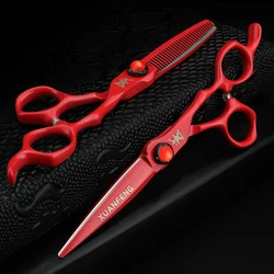 XUANFENG 6 inch Ruby Hair Scissors Barber's Completely red Cutting Scissors and thinning Scissors 440c