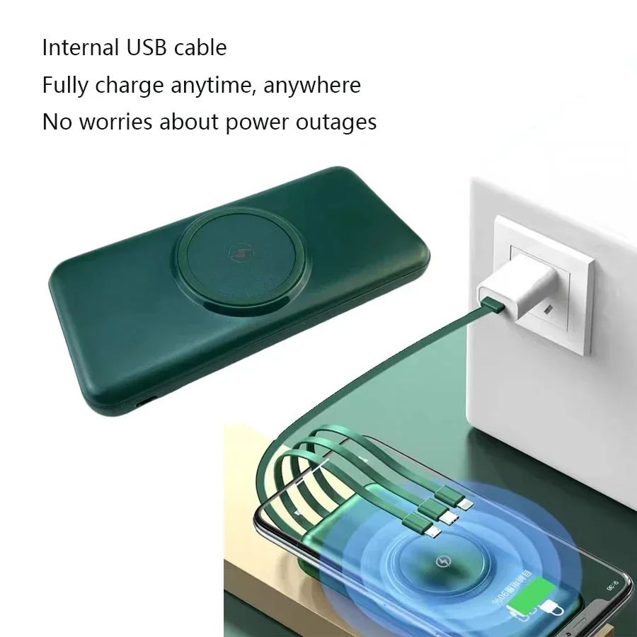 Wireless Charging Bank 20000mAh Portable Charger Fast Charging Digital Display External Battery Pack Built-in 4 Cables Suitable