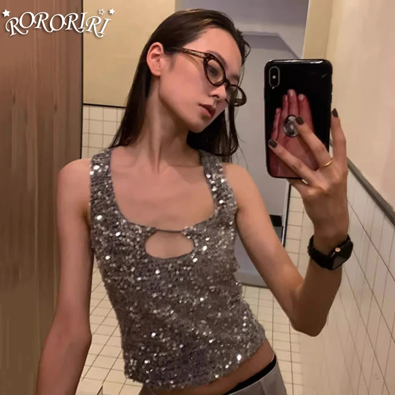 

RORORIRI Cut-out Sequin Tank Top Women Silver Sparkle Party Sleeveless Vest Summer Camisole Y2k Night Clubwear Vintage Clothing