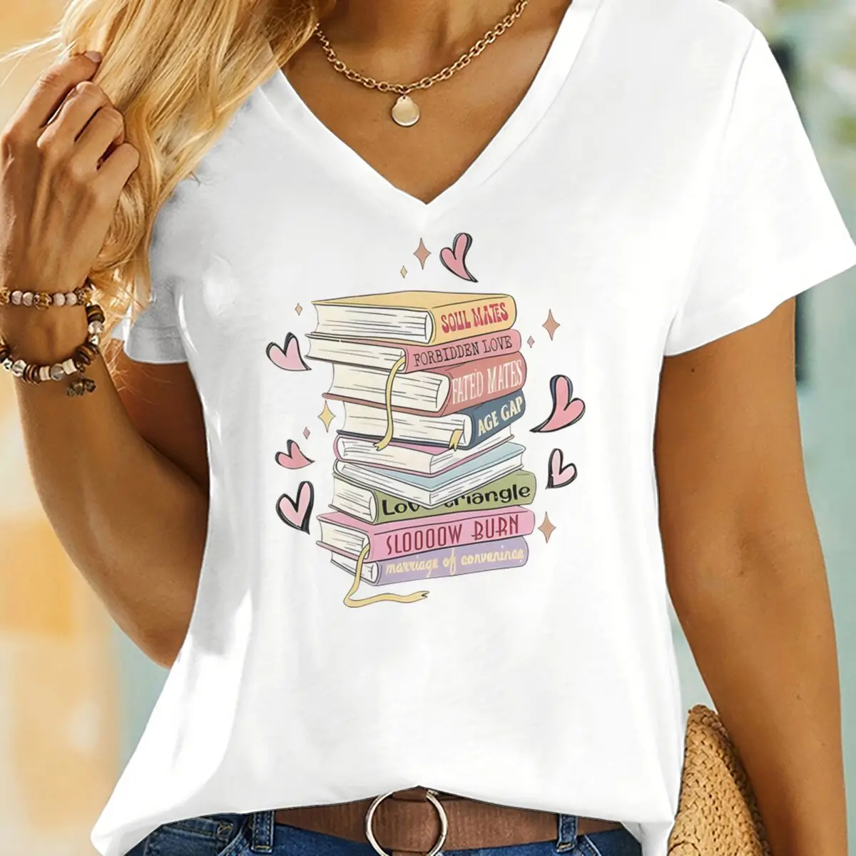 Fun Romance Book Lovers T-shirts Fashion V Neck Short Sleeve Bookworm Tees Women Men Read Club Gifts Streetwear