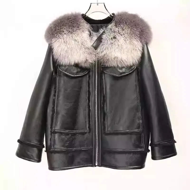 

FURHYCFOX Hot selling fashionable new Australian merino high-end large fox fur collar real fur one-piece women's jacket