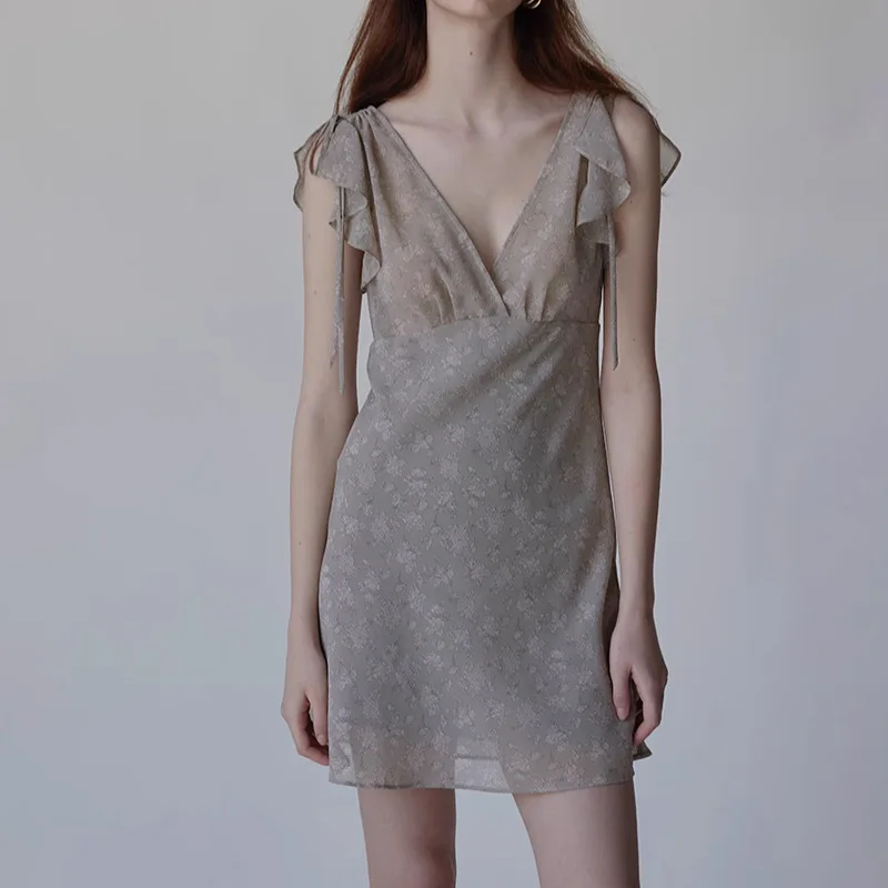 

Elegant Chinese French V-neck Floral Lotus Waist Casual Chiffon Gentle Dress