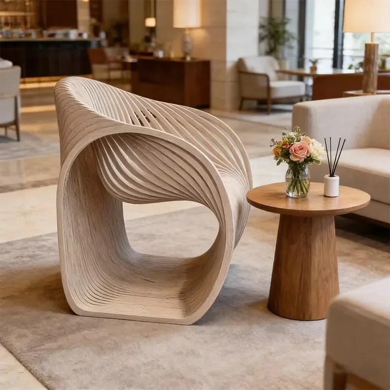 Modern Sculptural Wooden Leisure Lounge Dining Chair Eco-Friendly Dark Brown Living Room Bedroom Apartment Hotel Lobby