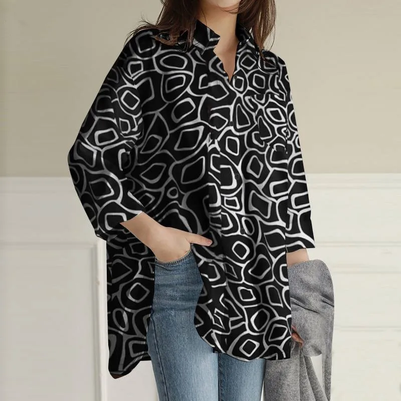 Lente Nieuwe Plus Size Dames Casual Shirt 7XL 6XL 5XL Mode Revers Gedrukt Lange Mouw Zak Losse Top