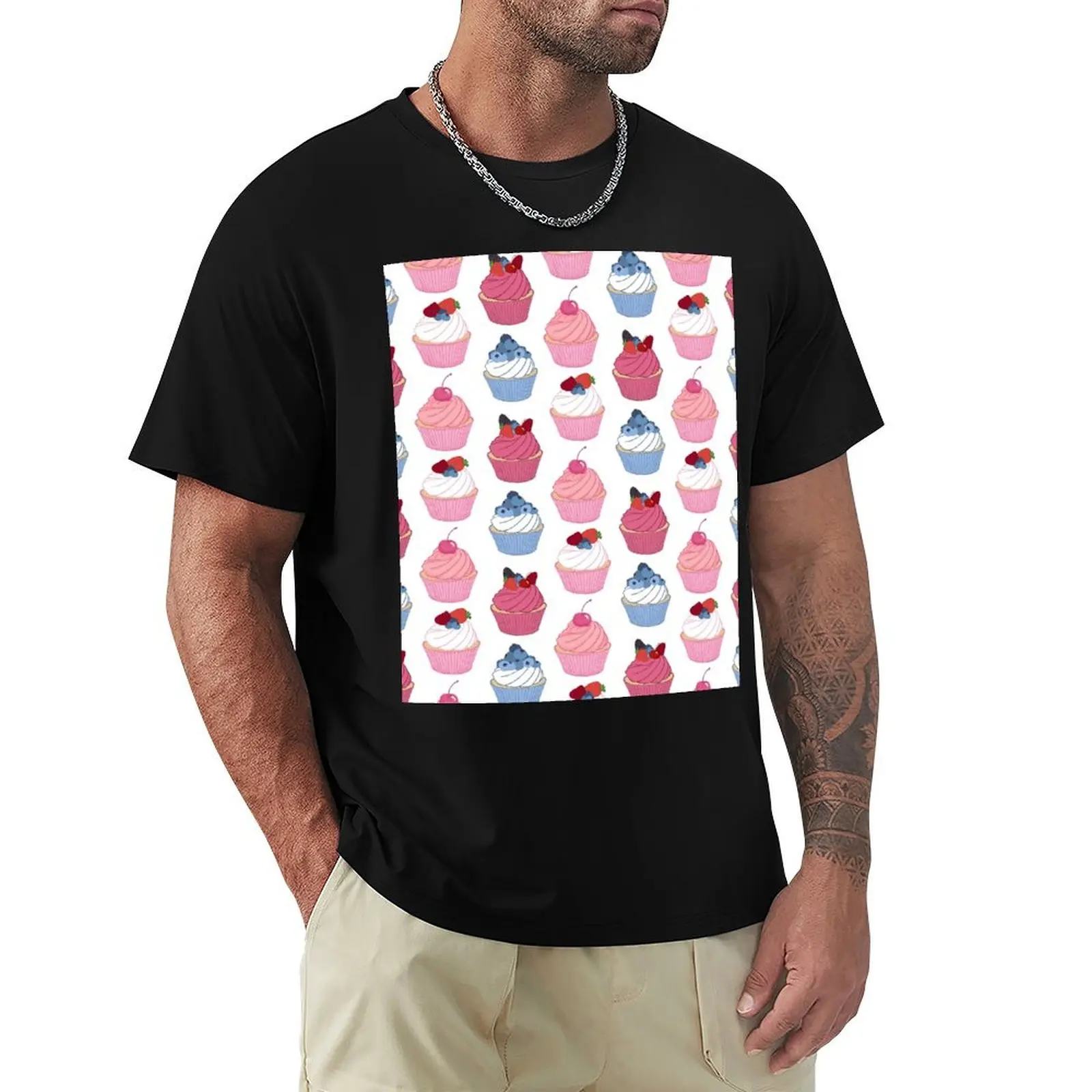 Cupcake flavoured pattern Cherry, Strawberry, Blueberry and Raspberry Fancy Cupcakes T-Shirt Thanksgiving Casual Tee