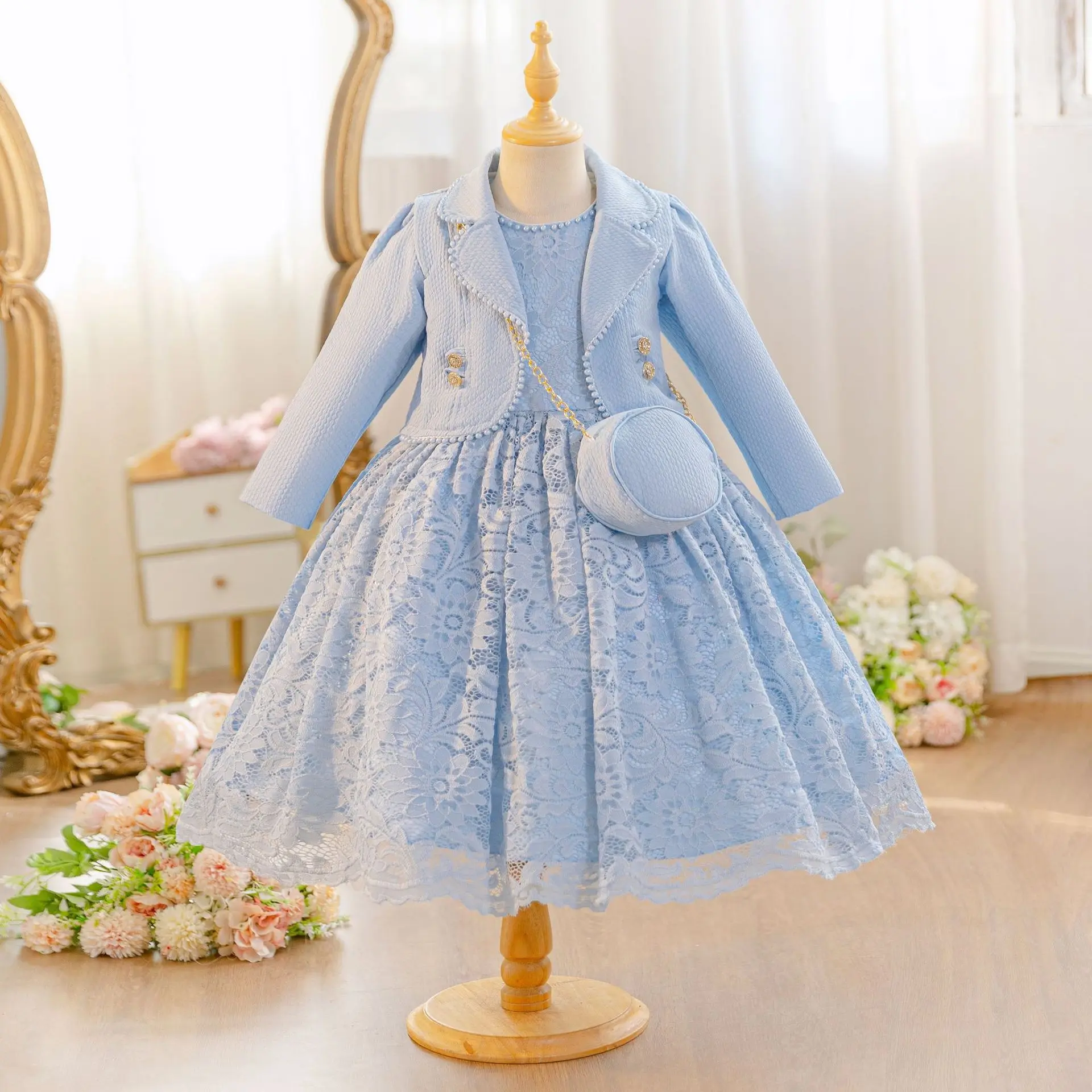 HETISO Long Sleeve 3 Pcs Set Kids Spring Flower Girls Elegant Dresses for Birthday Wedding With Bag Children Formal Ball Gown