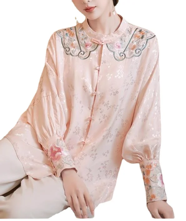 

Embroidered Vintage Pearl Button Shirts Women Long Sleeve Chinese Fashion Shirts