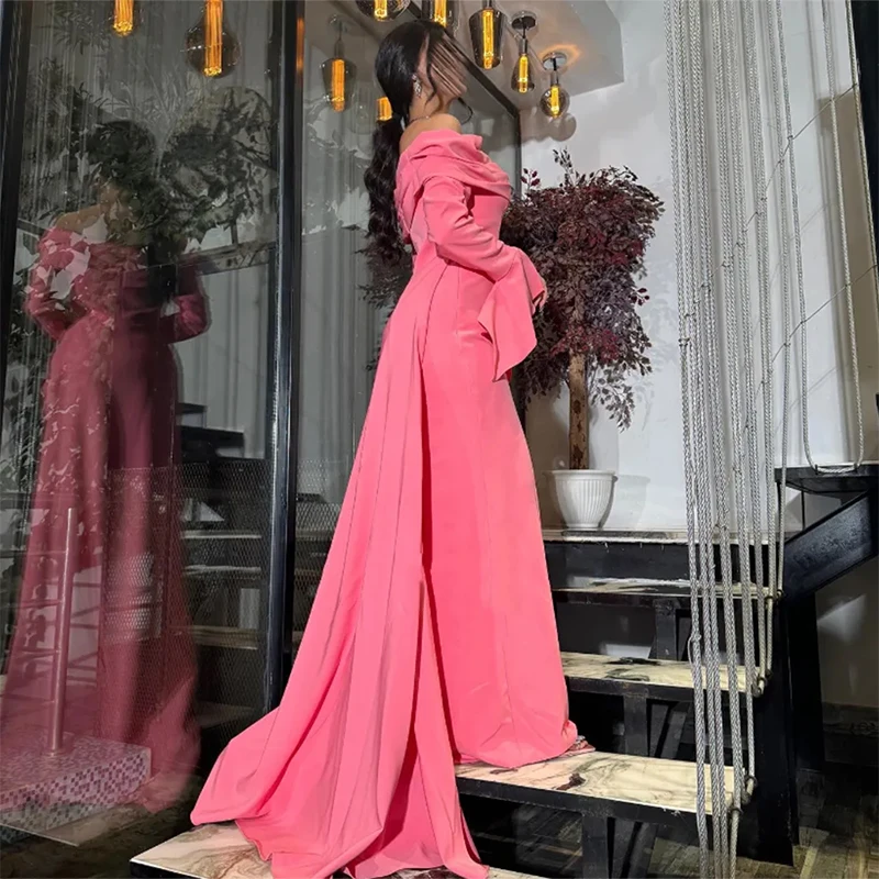 

Pink Evening Dress Off the Shoulder Long Sleeve Luxury Prom Dress Mermaid Cloak Formal Prom Wedding Party Gown Customized