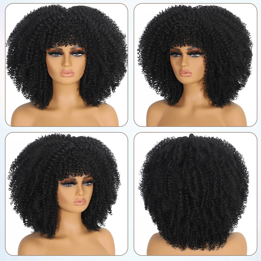 شعر مستعار مجعد مع الانفجارات الأفرو مجعد الباروكات للنساء السود الألياف الاصطناعية رقيق شعر مستعار قصير مجعد للحزب اليومي تأثيري #2