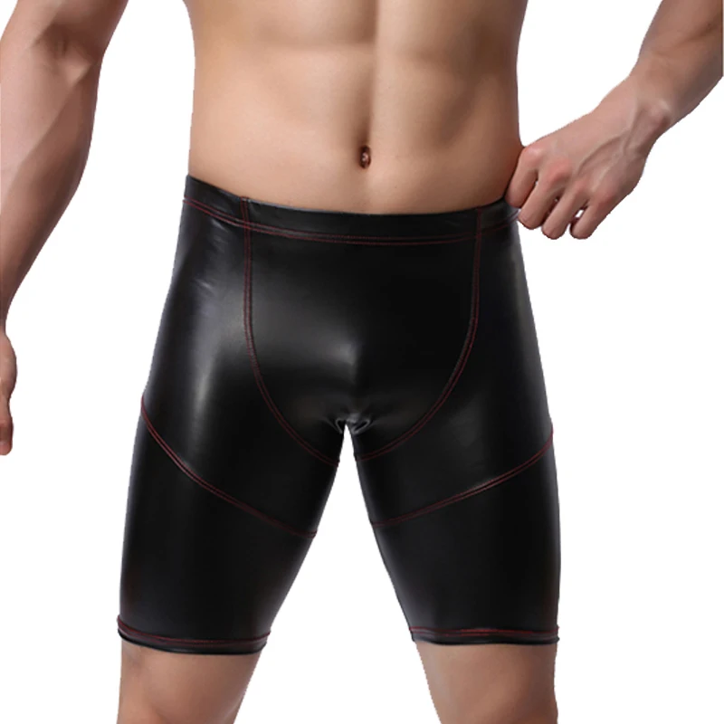 Men's Sexy PU Swimwear Summer Beach Swimming Long Boxer Faux Leather Swim Trunks Running Sports Fitness Wetlook Shorts