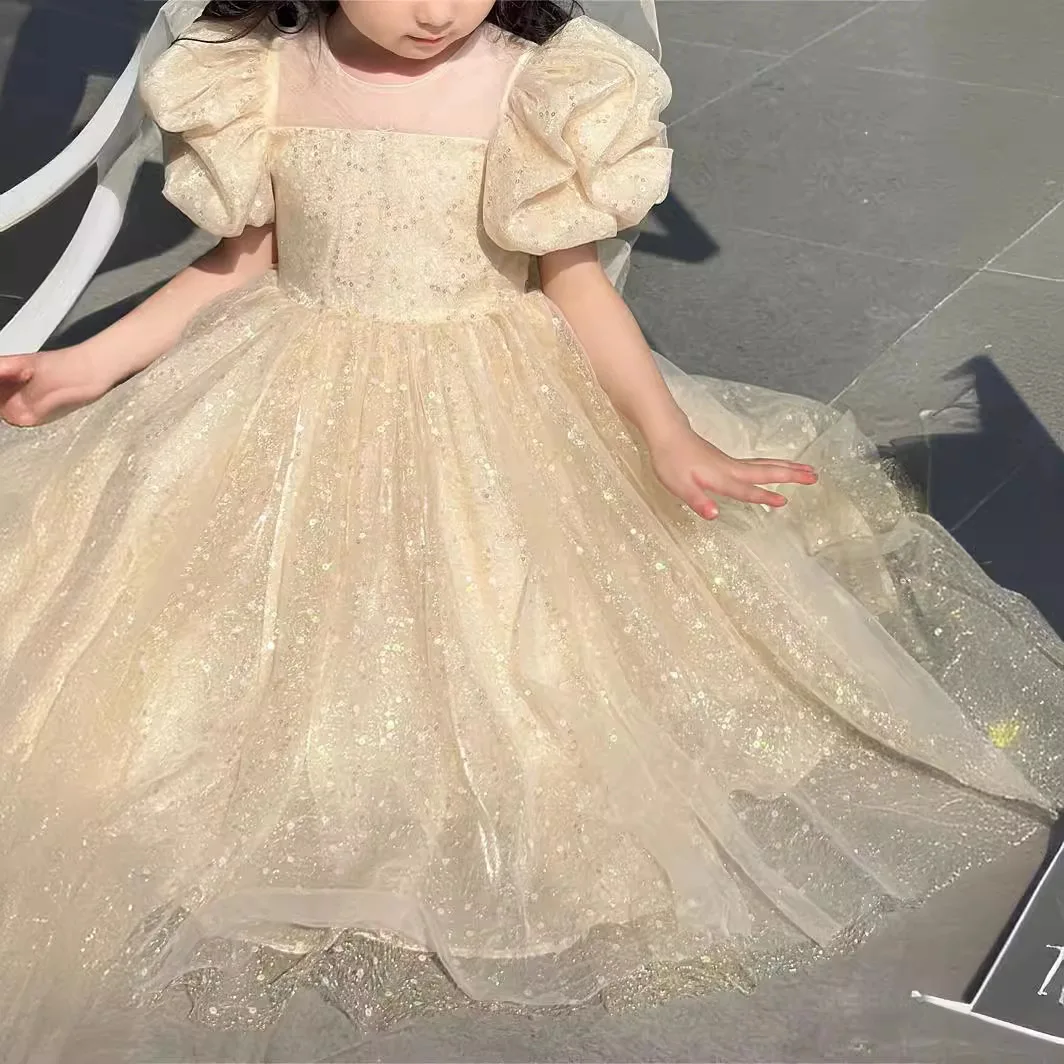 New Piano Performance Dress for Children Birthday Bubble Sleeves Girls Princess Dress High End Light Luxury Dress for Summer