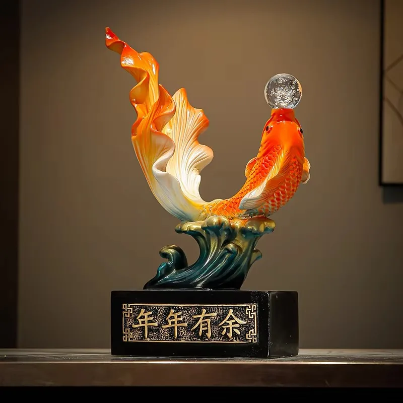 Leaping Goldfish Desktop Decor Ornament Wave Base Crystal Sphere Tabletop Display Craft Gradient Fin Vivid Scale Carving