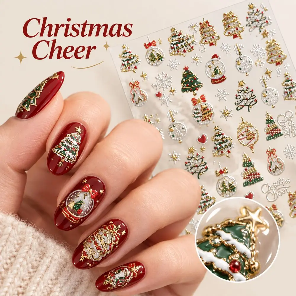 1Pc Nail Sliders 5D Embossed Christmas Xmas Tree Self Adhesive Decals Stickers UV Gel Acrylic Press On Nails Manicure Supplies
